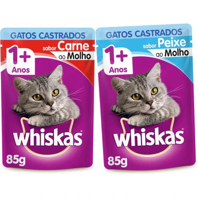 Kit Whiskas Sachê Gatos Adultos Castrados Carne + Peixe - 40 Unidades