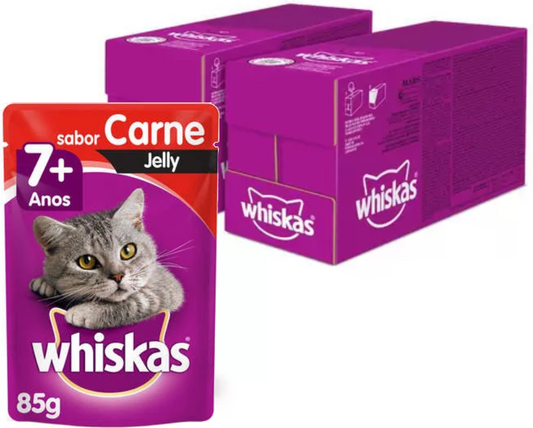 KIT Ração Úmida Whiskas Sachê Carne Jelly para Gatos Adultos Sênior 7 + Anos 40 UNIDADES
